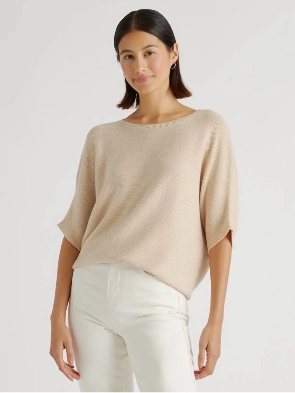 Quince Women Lightweight Cotton Cashmere LinkStitch Dolman Sweater Tan Oatmeal M